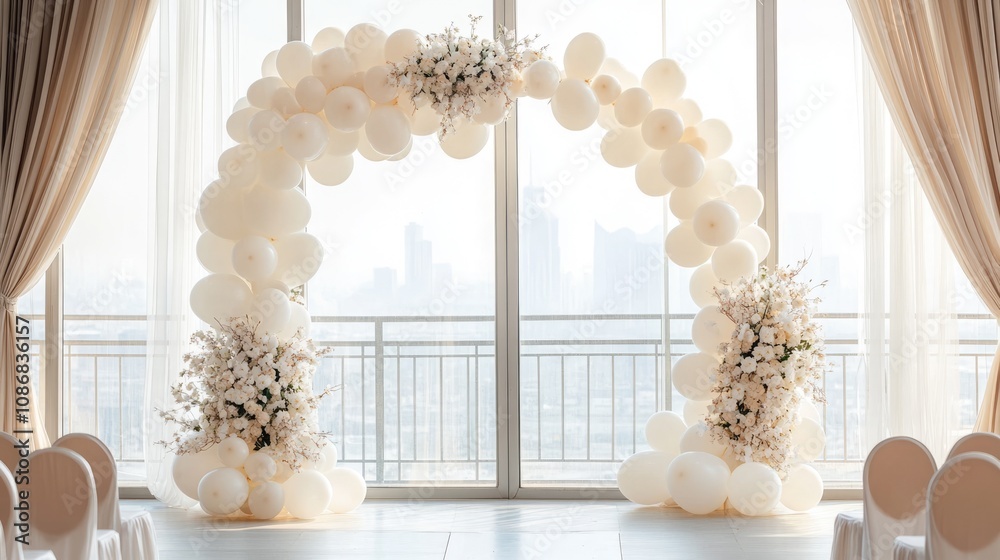 White Balloon Arch Wedding Decoration with Floral Arrangements White Balloon Arch Wedding Decoration with Floral Arrangements