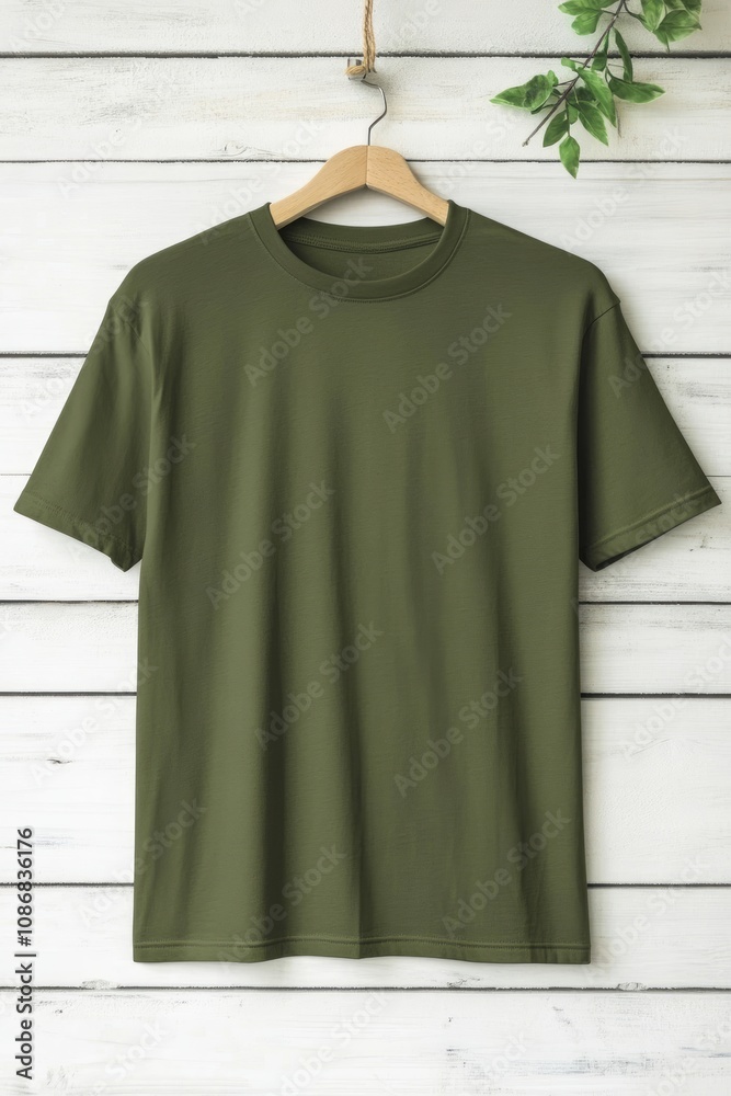 Plain Olive Green T-Shirt on Wooden Wall Plain Olive Green T-Shirt on Wooden Wall
