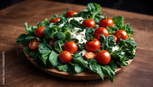 Freshly prepared salad with cherry tomatoes and spinach on a wooden platter at a rustic kitchen setting in the afternoon light