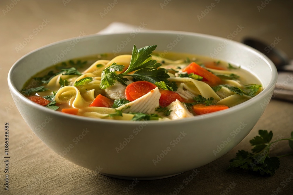 Minimalist Chicken Noodle Soup Bowl with Fresh Vegetables and Herbs - A Cozy and Inviting Meal in a Simple Setting, Perfect for Comfort Food Lovers and Culinary Inspiration Minimalist Chicken Noodle Soup Bowl with Fresh Vegetables and Herbs - A Cozy and Inviting Meal in a Simple Setting, Perfect for Comfort Food Lovers and Culinary Inspiration