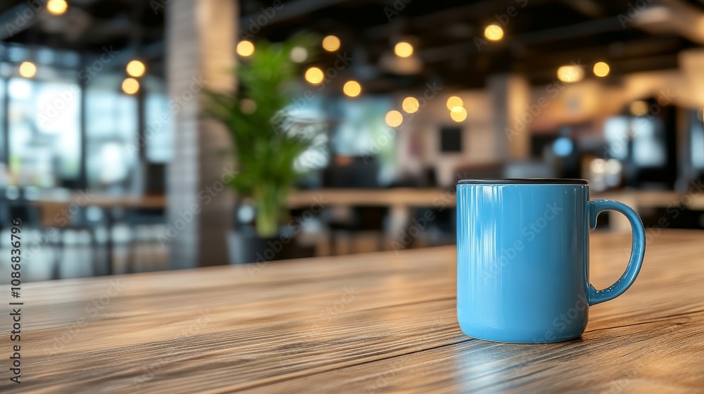 Blue Coffee Cup on a Rustic Wooden Table with Blurred Background of Modern Cafe Interior Blue Coffee Cup on a Rustic Wooden Table with Blurred Background of Modern Cafe Interior