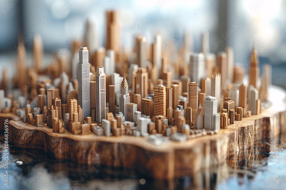 Detailed close-up of a miniature wooden cityscape featuring varied skyscraper designs, highlighting urban architecture and craftsmanship. Detailed close-up of a miniature wooden cityscape featuring varied skyscraper designs, highlighting urban architecture and craftsmanship.
