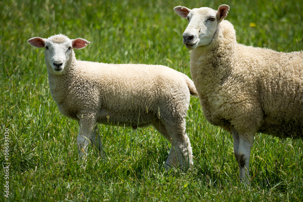 mother sheep and her lambs in lush green grassy field mother sheep and her lambs in lush green grassy field