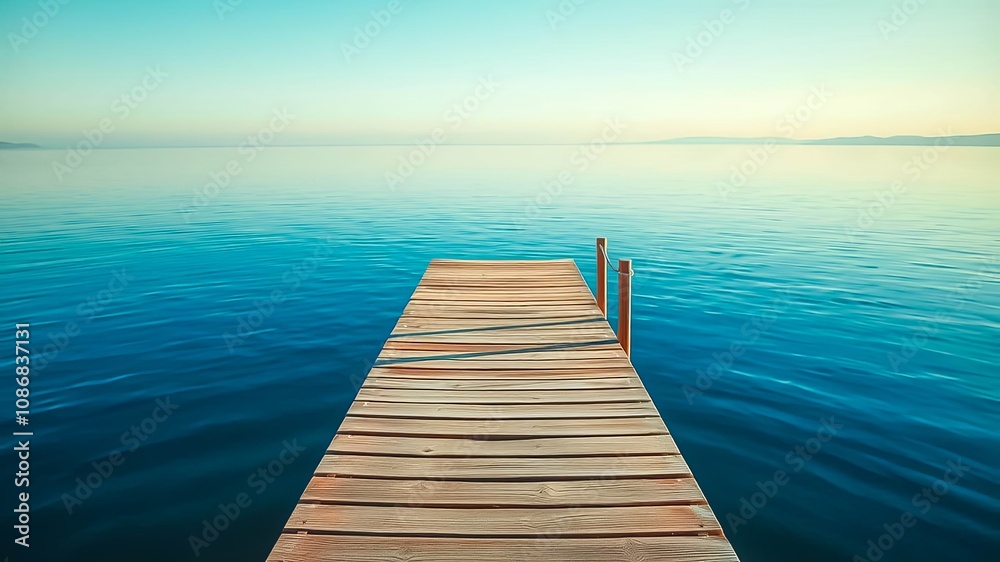 A solitary wooden pier extends into the tranquil blue water, disappearing into the horizon, under a serene sky, inviting contemplation and a sense of peace. A solitary wooden pier extends into the tranquil blue water, disappearing into the horizon, under a serene sky, inviting contemplation and a sense of peace.