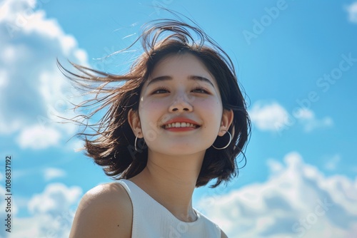 Young Asian Japanese woman enjoying a sunny day under the blue sky