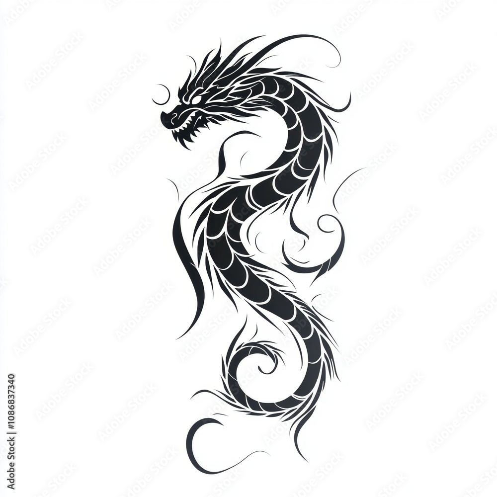 Intricate Black Dragon Tattoo Design with Elegant Swirls and Detailed Scales Artwork for Body Art and Tattoo Enthusiasts Intricate Black Dragon Tattoo Design with Elegant Swirls and Detailed Scales Artwork for Body Art and Tattoo Enthusiasts
