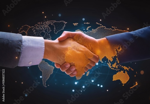 Hands Shaking Over a Digital World Map Representing Global Partnership and Collaboration in Business, Technology and International Relations