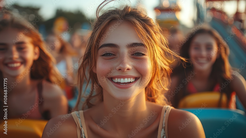 A group of friends share smiles and laughter while riding a colorful roller coaster under the warm summer sun, creating unforgettable memories of joy A group of friends share smiles and laughter while riding a colorful roller coaster under the warm summer sun, creating unforgettable memories of joy