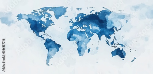 Abstract watercolor world map illustration in blue hues showcasing continents and oceans, perfect for travel, education, and artistic design projects. photo