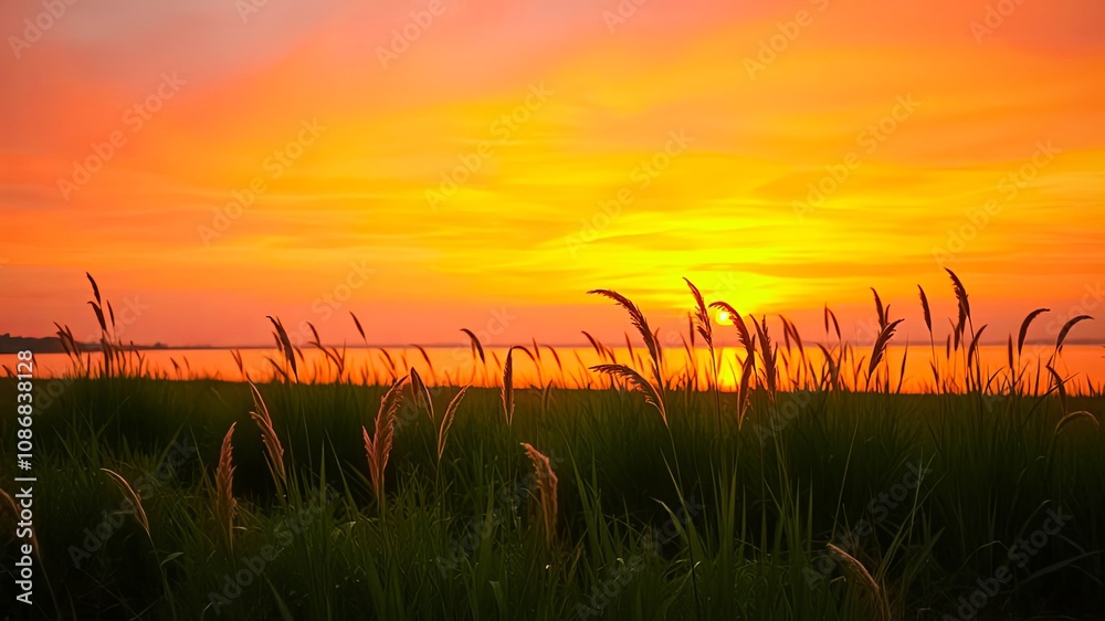 Naklejka premium Silhouettes of Tall Grass Swaying in the Golden Hour Glow of a Sunset Over a Still Water Body