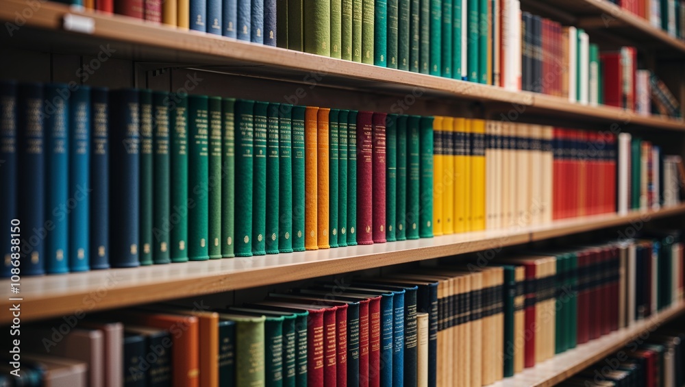 Fototapeta premium Colorful leather-bound books neatly arranged on modern library shelves with soft backlighting