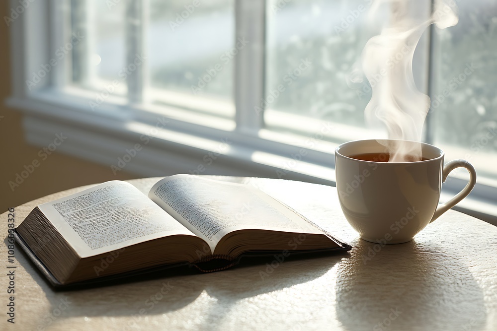 an open book resting on a cozy table beside a steaming cup of tea soft morning light filtering through a window an open book resting on a cozy table beside a steaming cup of tea soft morning light filtering through a window