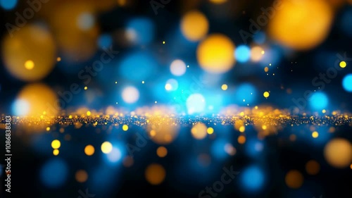 Elegant blue and gold bokeh lights with sparkling particles floating on a deep navy background. Perfect for holiday greetings, luxury branding, or festive celebrations