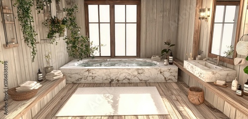 Marble and wooden Japandi boho bathroom designd in a farmhouse theme. photo