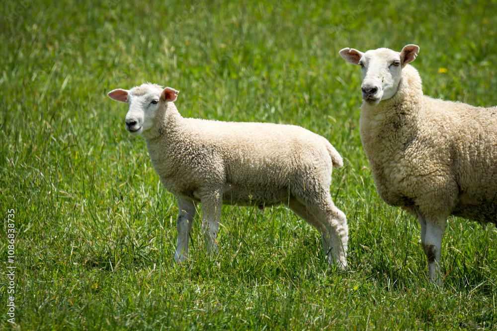 mother sheep and her lambs in lush green grassy field mother sheep and her lambs in lush green grassy field