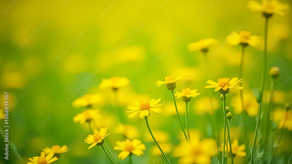A field of yellow wildflowers in soft focus with a green background