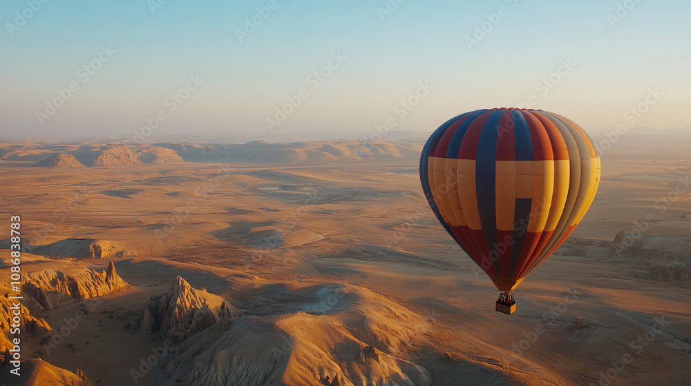Obraz premium Hot air balloon on natural background. Suitable for marketing or business purposes. Panoramic banner with place for text 