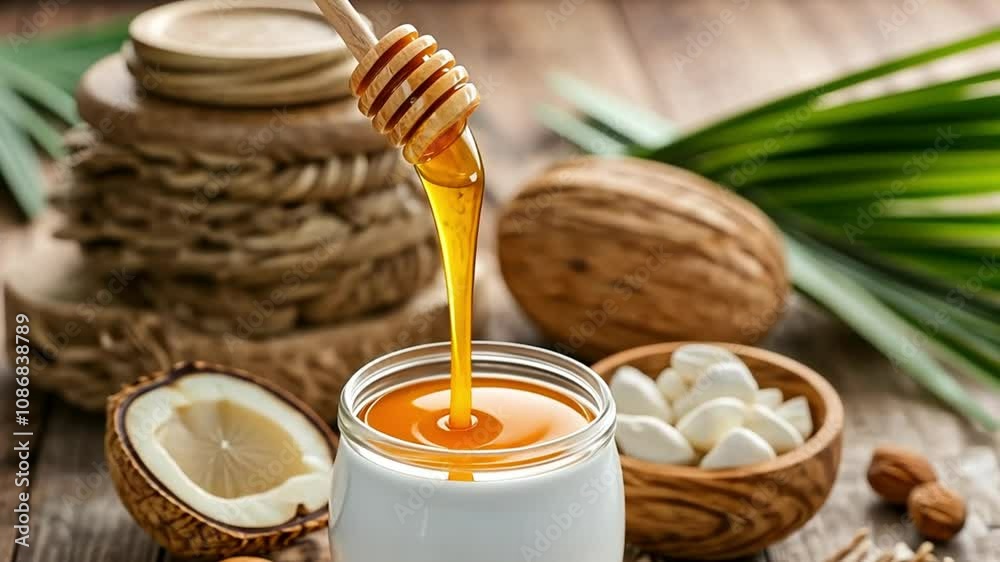 A jar of yogurt drizzled with honey, surrounded by almonds and coconut on a wooden surface. A jar of yogurt drizzled with honey, surrounded by almonds and coconut on a wooden surface.