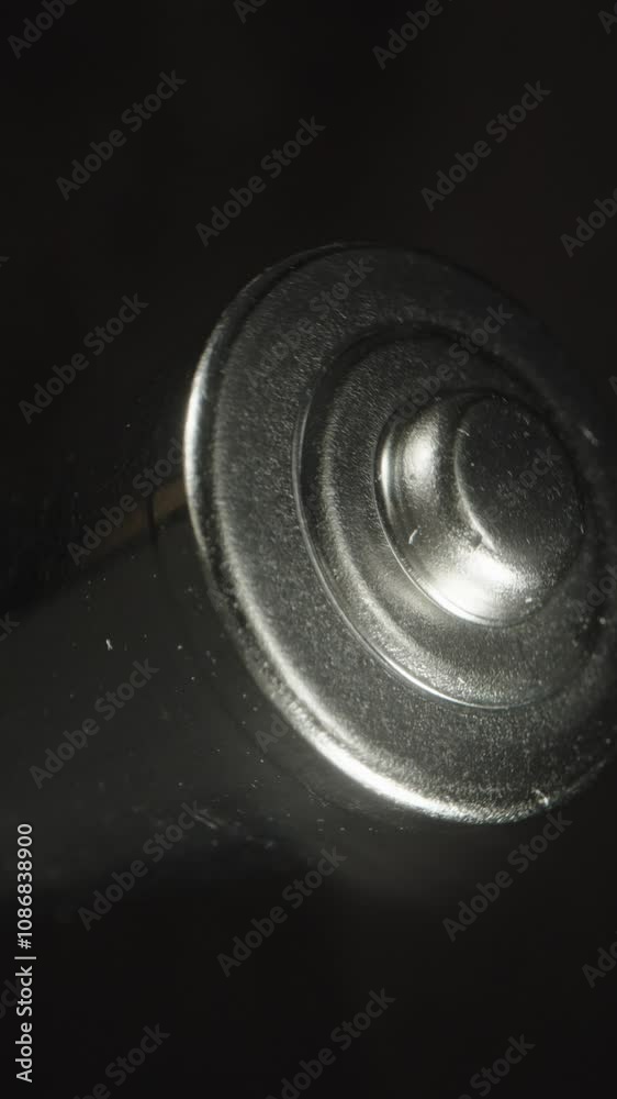 Vertical video. Close-up of a rotating metallic battery against a black background, focusing on the cylindrical body and textured cap. The shot emphasizes industrial design and metallic finish. Vertical video. Close-up of a rotating metallic battery against a black background, focusing on the cylindrical body and textured cap. The shot emphasizes industrial design and metallic finish.