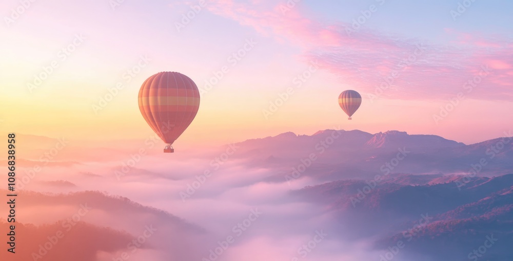 Beautiful hot air balloon flying over the misty mountains at sunrise. Beautiful hot air balloon flying over the misty mountains at sunrise.