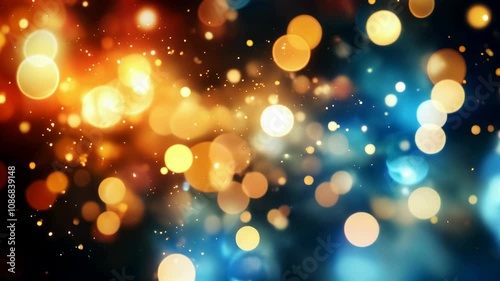 Elegant blue and gold bokeh lights with sparkling particles floating on a deep navy background. Perfect for holiday greetings, luxury branding, or festive celebrations
