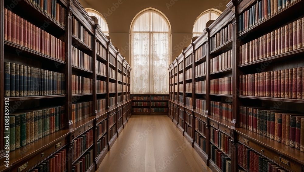 An elegant library corridor featuring rich wooden shelves lined with books, illuminated by soft natural light through large windows An elegant library corridor featuring rich wooden shelves lined with books, illuminated by soft natural light through large windows
