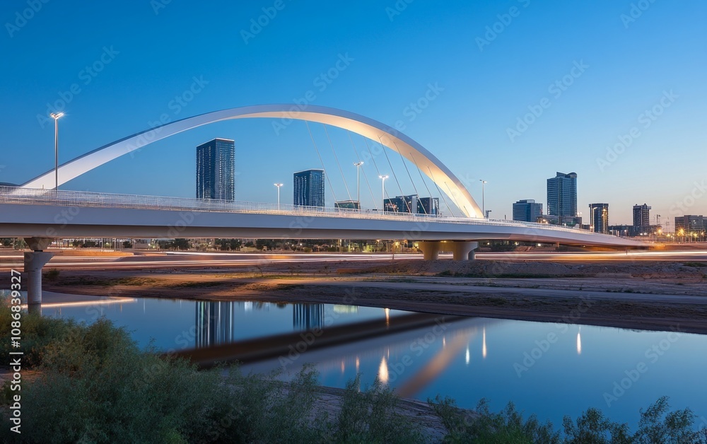 Obraz premium Modern Arch Bridge over River at Dawn