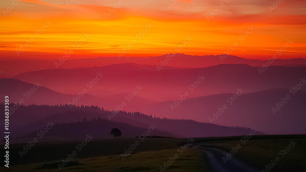 Fototapeta premium A solitary tree stands tall against a backdrop of rolling hills silhouetted by a fiery sunset.