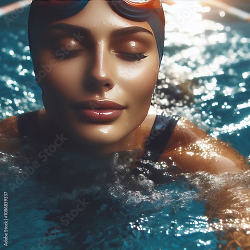 Swimming A swimmer emerging from the water her face refreshed an