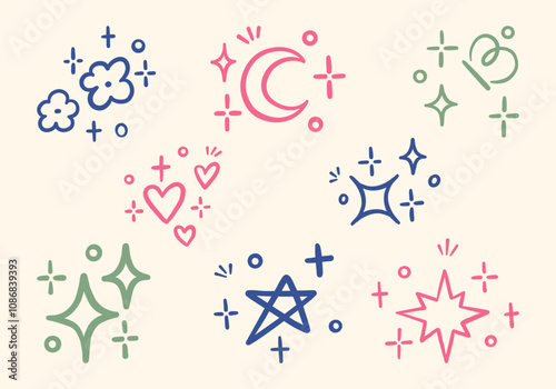 Hand Drawn Decorative Sparkle and Element. A collection of 8 unique hand-drawn line art elements including sparkles, stars, hearts, clouds, and a crescent moon for creative or decorative use