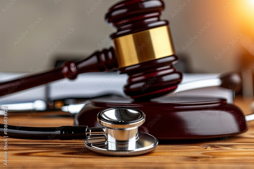 Stethoscope and Gavel in Focus on Wood Desk Stethoscope and Gavel in Focus on Wood Desk
