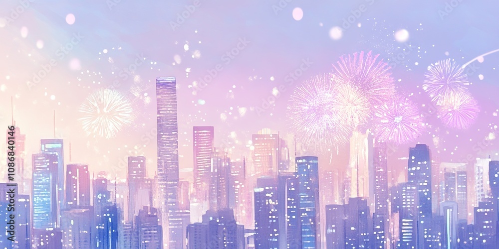 Vibrant New Year Celebration with Purple City Fireworks at Night, Featuring Soft Watercolor Tones and Natural Landscape Elements, Wallpaper, Emphasizing Seasonal Cultural Significance of New Year's Da Vibrant New Year Celebration with Purple City Fireworks at Night, Featuring Soft Watercolor Tones and Natural Landscape Elements, Wallpaper, Emphasizing Seasonal Cultural Significance of New Year's Da