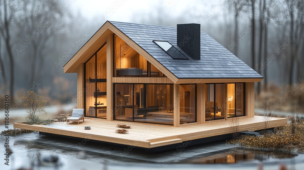 Highly detailed 3D model of a minimalist prefab house with eco-friendly materials, on a white background
