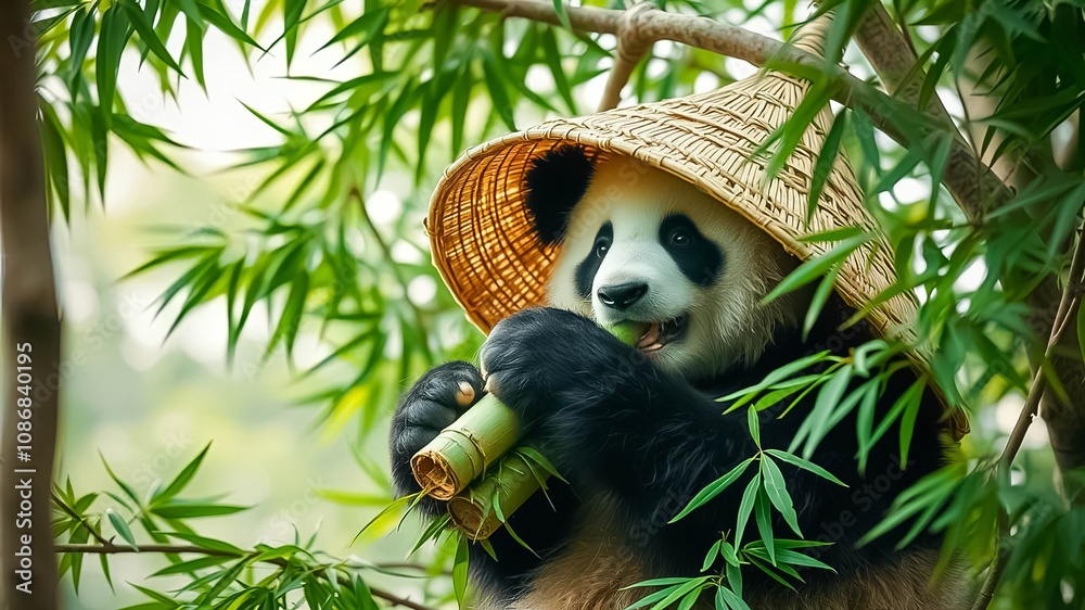 Obraz premium A playful panda wearing a traditional hat enjoys a delicious meal of fresh bamboo stalks while perched amongst verdant foliage.