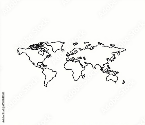 Simple Black Outline of a World Map with No Color Detailing, Perfect for Educational Materials, Travel Guides, and Geographic Illustrations in Various Designs