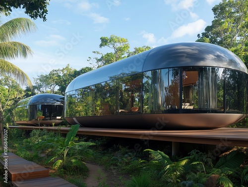 A futuristic ecolodge powered by solar panels in a lush rainforest