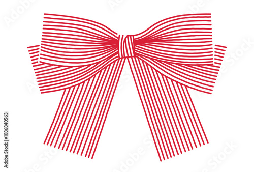 Striped red bow illustration isolated on white background. Minimalist vector artwork for decoration and print. Christmas and holiday gift wrapping concept.
