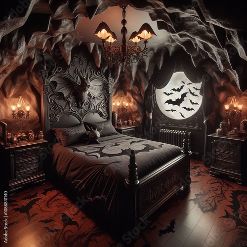 The Batcave A dark mysterious room with a bat themed bedspread a photo