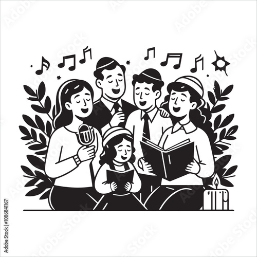 A Jewish Family Sings Holiday Hymns. A heartwarming black and white illustration of a Jewish family singing together.