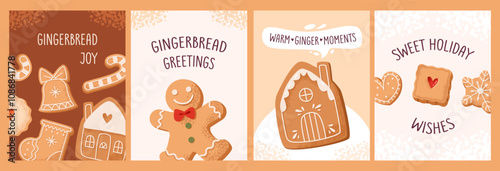 Invitation and greeting cards with gingerbread cookie decorated with icing. Festive and sweet treat for Christmas and winter. Cozy tradition of homemade baking.