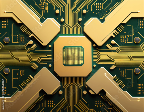 Top-down macro image of a logic chip crystal with golden electrical paths, white background. Generative AI photo