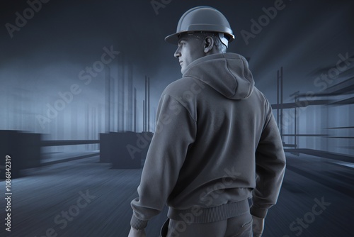 Construction Worker in a Modern Building: A solitary construction worker, clad in a hooded sweatshirt and hardhat, gazes out at the unfinished skeletal structure of a modern building. photo