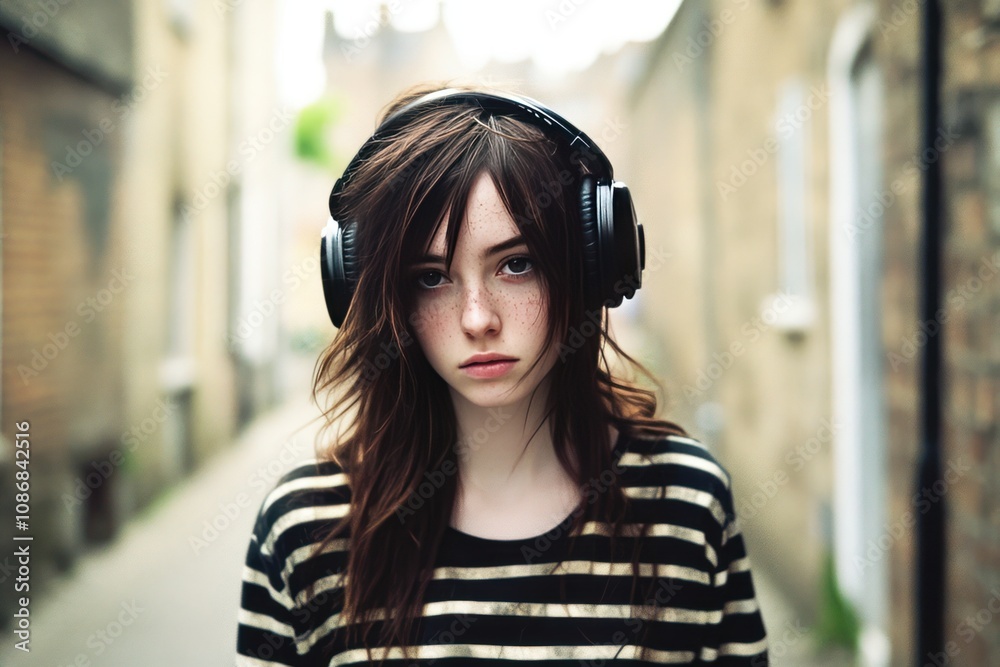 Beautiful girl with big wireless headphones wearing striped longsleeve tee listening to music on city street Beautiful girl with big wireless headphones wearing striped longsleeve tee listening to music on city street