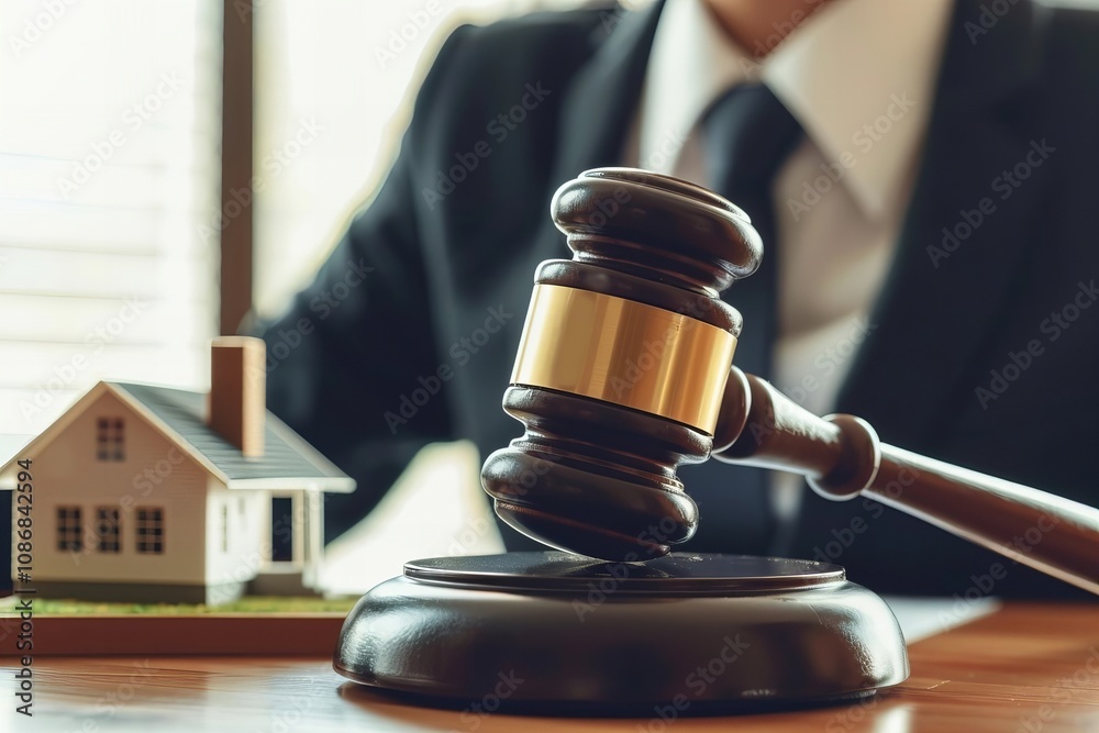 Businessperson with Gavel, Sound Block, and House Model on Desk Businessperson with Gavel, Sound Block, and House Model on Desk