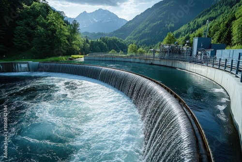 Flowing water cascades over a dam surrounded by mountains and lush greenery during daytime photo