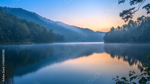 A serene mountain lake at dawn with mist rising.