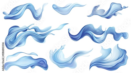 A set of abstract blue waves, flowing gently, symbolizing fluidity, motion, and the calmness of the ocean, perfect for a modern design.