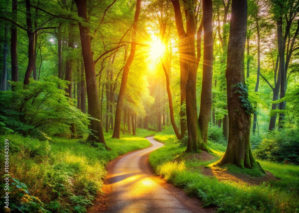 Fototapeta premium Inspiring Landscape with a Winding Path Through a Lush Forest, Encouraging Viewers to Follow Their Heart on Their Journey of Self-Discovery and Exploration