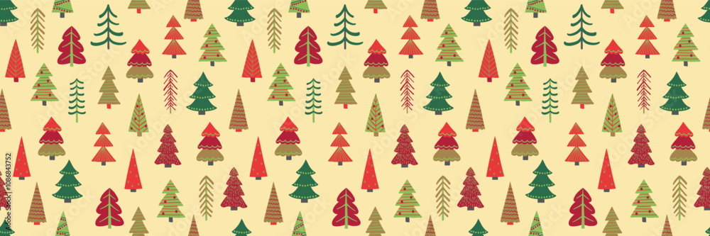 Obraz premium Christmas tree seamless texture in cartoon style. Wallpaper and wrapping paper design. Vector illustration