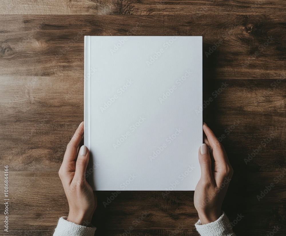Blank Book Held in Hands on Wooden Table Blank Book Held in Hands on Wooden Table